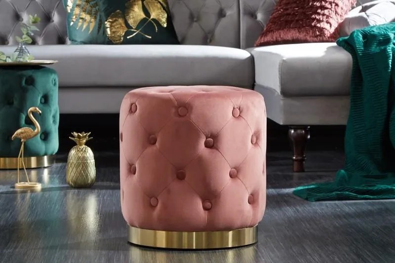 IIG -  Elegantná taburetka MODERN BAROQUE CHESTERFIELD 36 cm zamat, ružová, zlatá