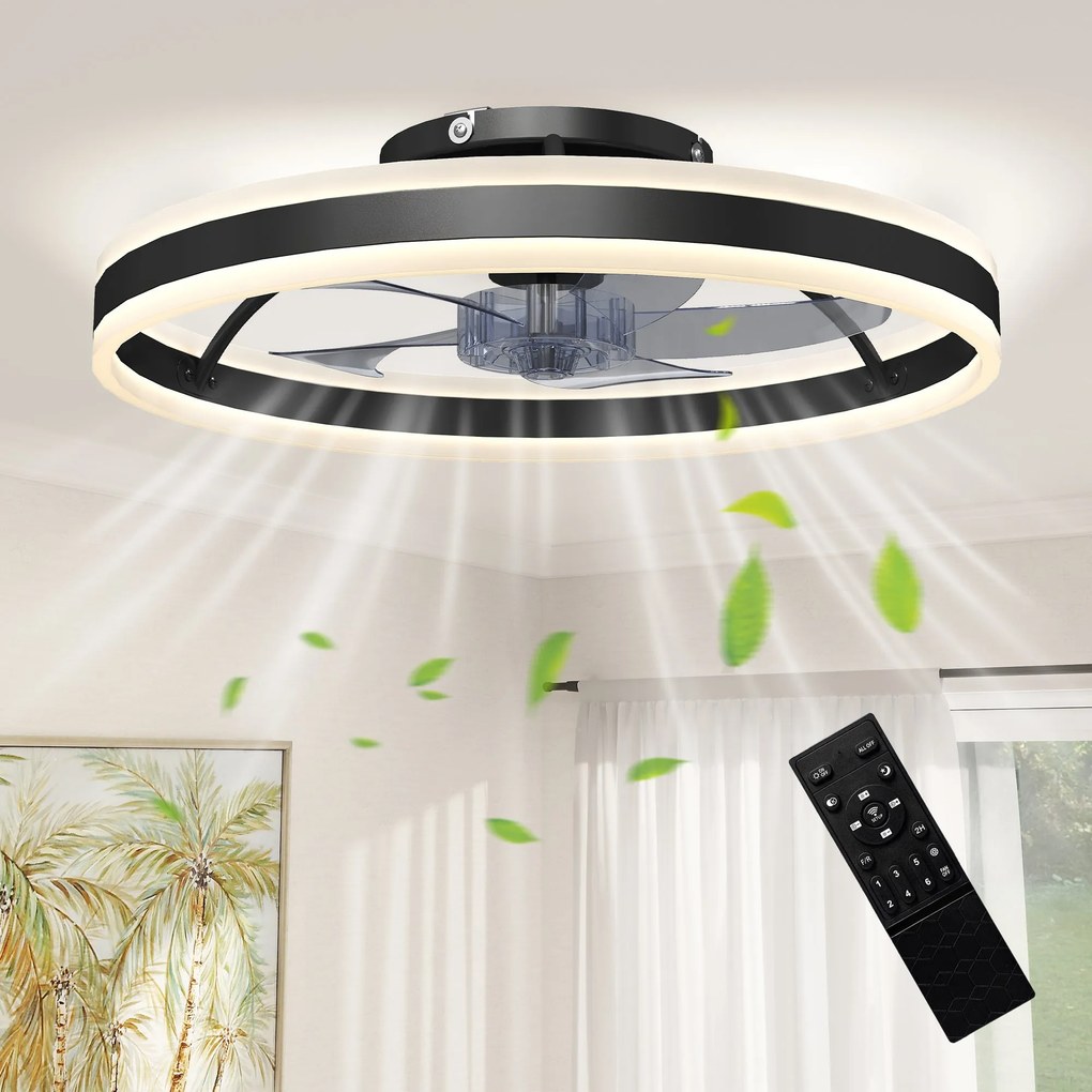 HOMCOM 45 W LED stropný ventilátor so svietidlom, reverzný DC motor, tichý diaľkový ovládaný, 6 rýchlostí, 3 farebné teploty, časovač, Ø50 cm, čierny