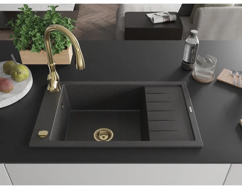 Mexen Elias, 1-komorový granitový drez 795x480x200 mm a drezová batéria Savita, čierna škvrtnitá, 6511-76-672601-50