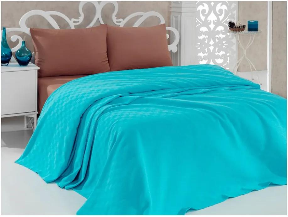Tyrkysový bavlnený ľahký pléd cez posteľ Taduro, 200 × 240 cm
