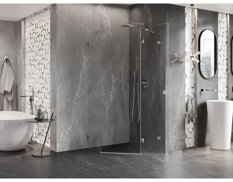 Mexen Lunar, päťuholníkový sprchový kút s pravým sklonom 90 x 90 cm, 8mm číre sklo, oceľový profil, 831-090P-090L-97-00-P