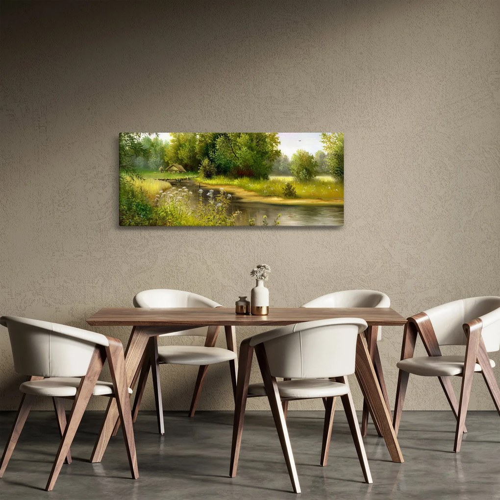 Obraz - Rieka pri lese, olejomaľba (120x50 cm)
