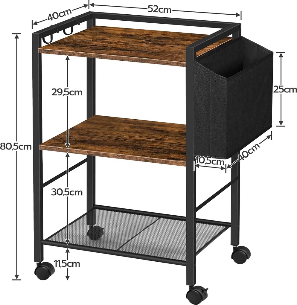 Pojízdný kancelářský regál Vasagle Celest 52 cm hnědý/černý