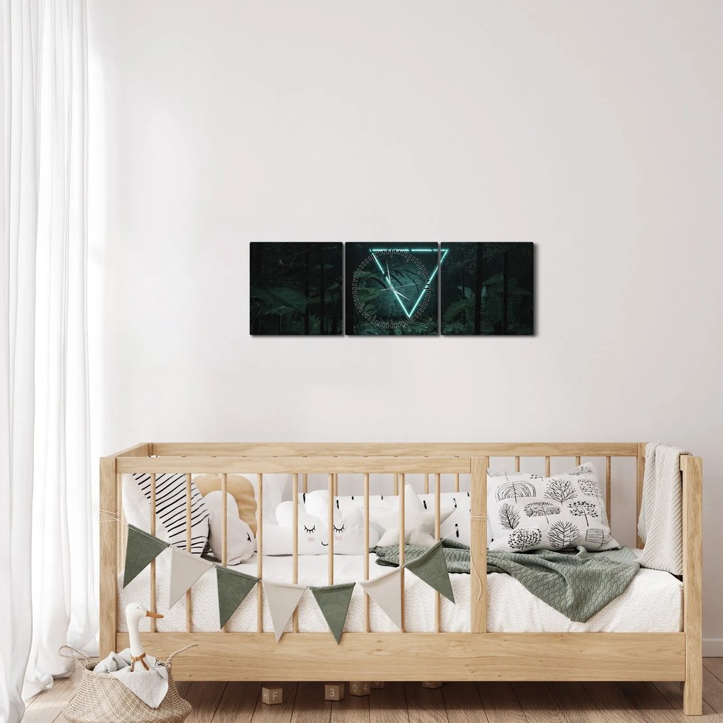 Obraz - Neónový trojuholník v jungli (s hodinami) (90x30 cm)