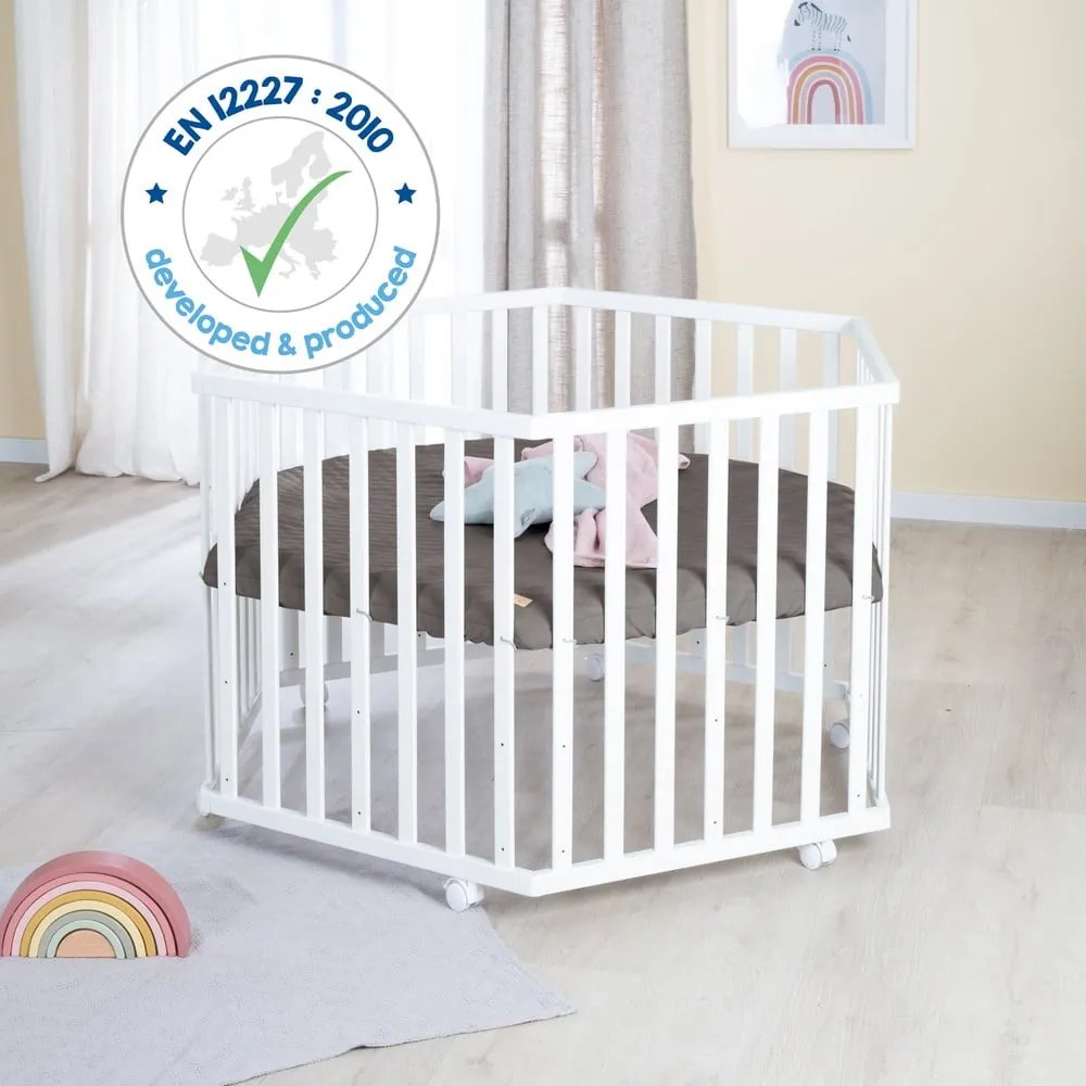 Biela detská ohrádka s nastaviteľnou výškou/na kolieskach – Roba