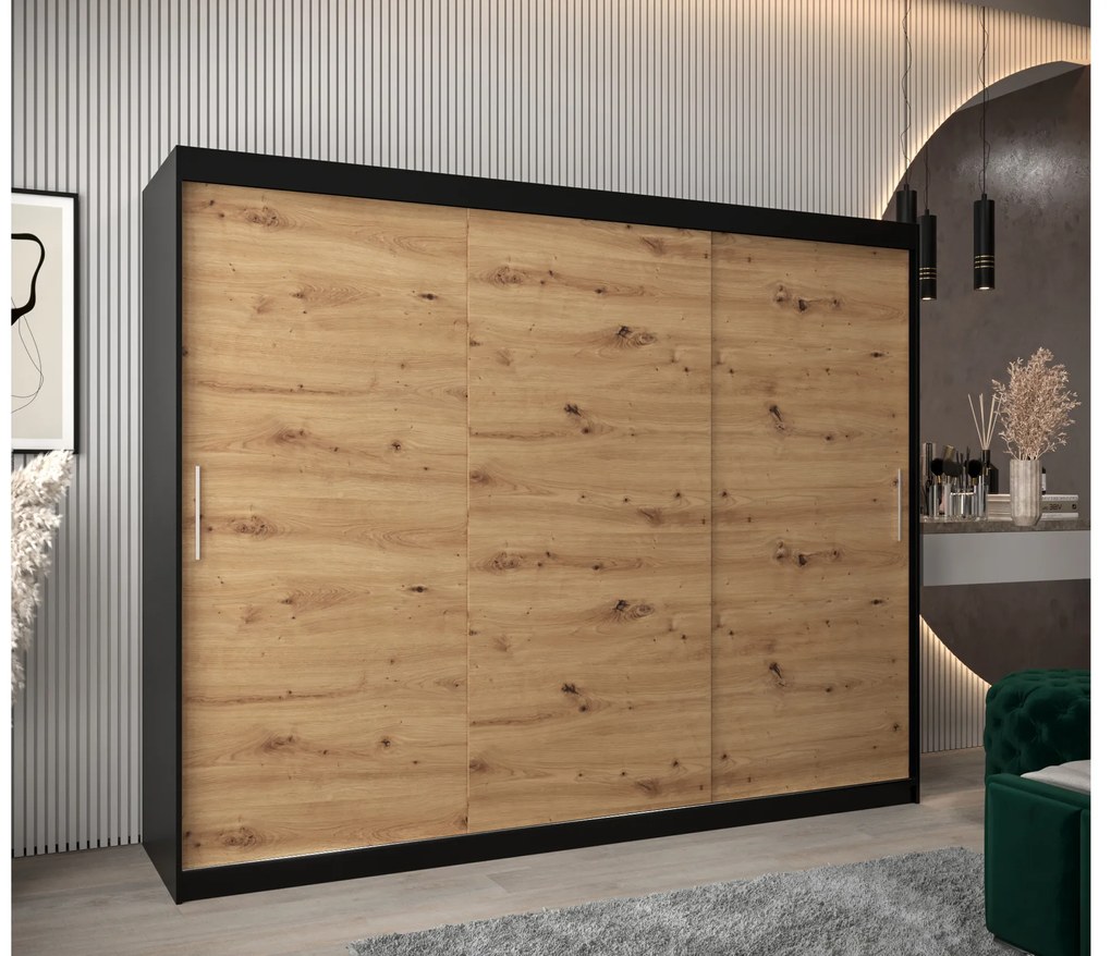 Šatníková skriňa 250 cm Toki (Čierna matná + Dub artisan). Akcia -43%. Vlastná spoľahlivá doprava až k Vám domov. 1064865