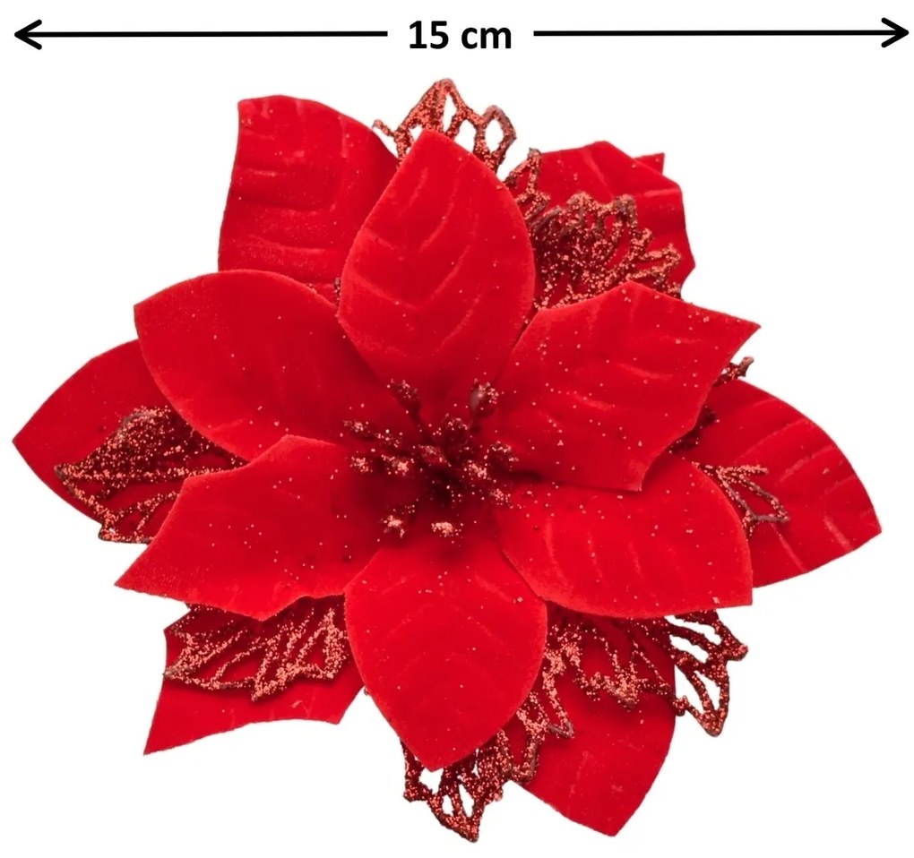 Vianočná dekorácia Poinsettia so štipcom červená, súprava 6 ks