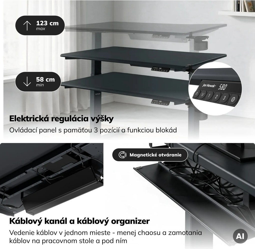 Elektrický stôl s nastavením výšky ergonomický antracitový,1200x600 mm: ARIA