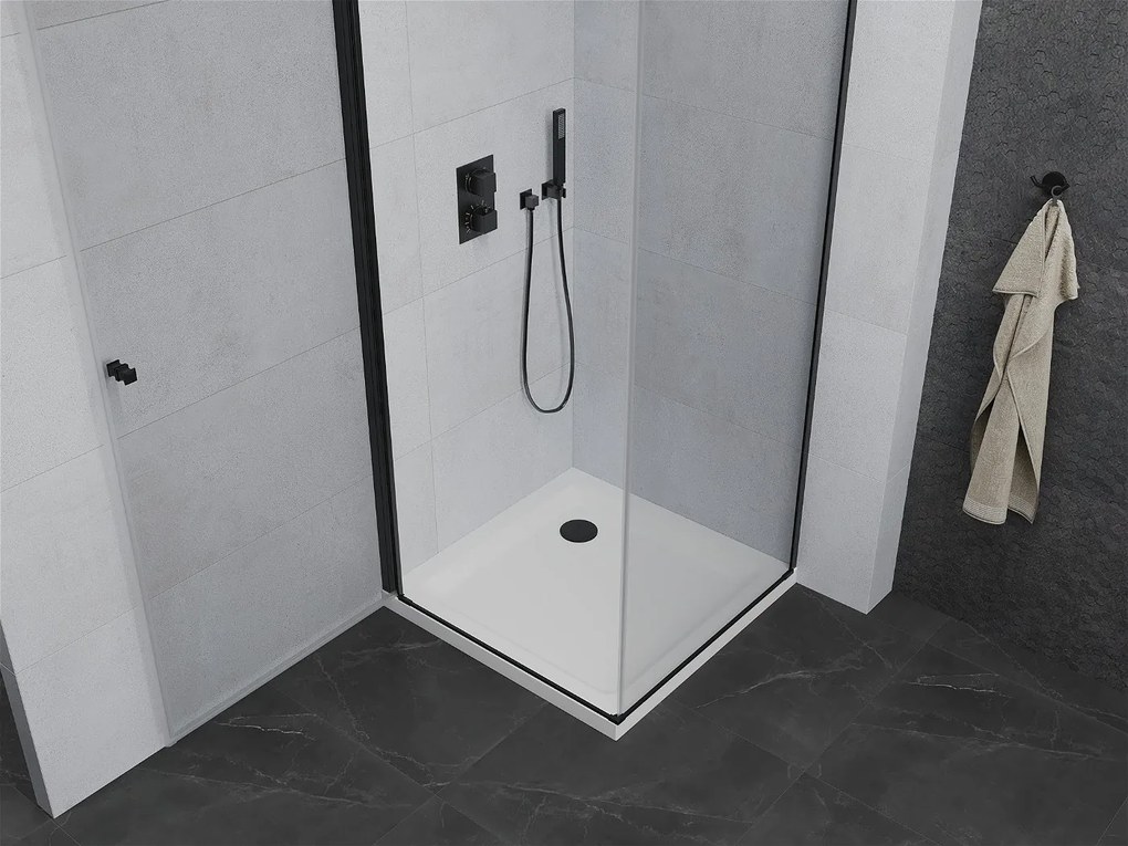 Mexen Pretoria, sprchovací kút 90 (dvere) x 90 (stena) cm, 6mm číre sklo, čierny profil + biela sprchová vanička, 852-090-090-70-00-4010B