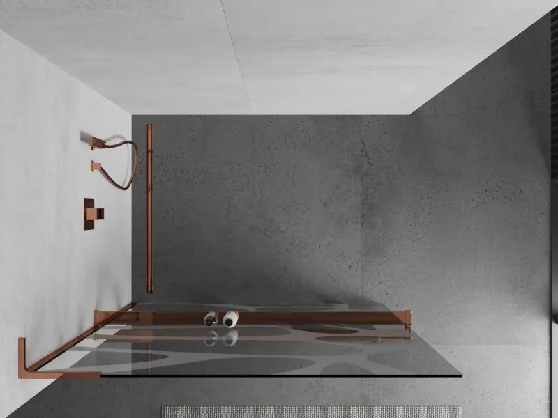 Mexen Kioto+ L, sprchová zástena Walk-In s poličkou a vešiakom 100 x 200 cm, 8mm číre sklo biely vzor, ružové zlato profil, 800-100-123-60-97