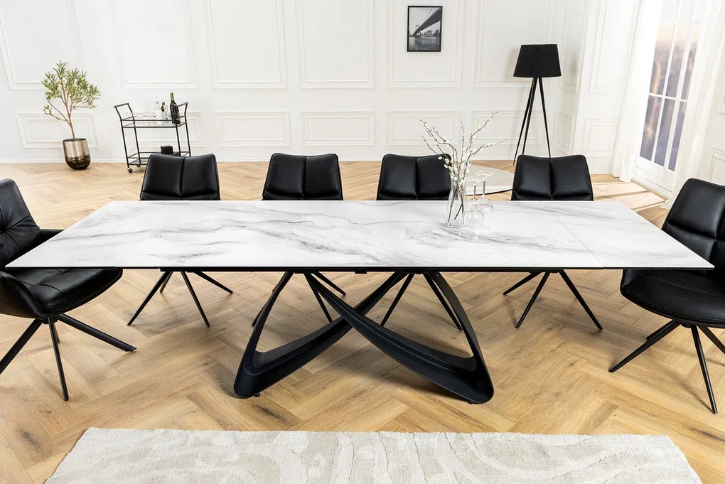 Jedálenský stôl TOMTOC 180-220-260 cm – keramický mramorový vzhľad biely