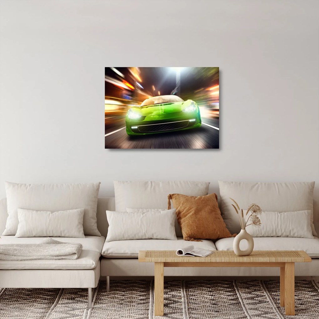 Sklenený obraz - Zelené závodné auto (70x50 cm)