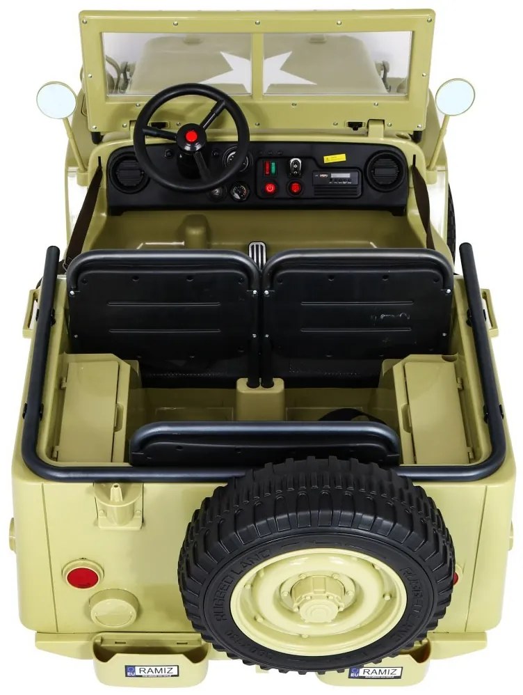 RAMIZ Elektrické autíčko - Retro vojenské vozidlo 4x4  - piesková  - 158cm x 80cm x 82cm - MOTOR - 4x45W BATÉRIA - 12V / 14Ah- 2