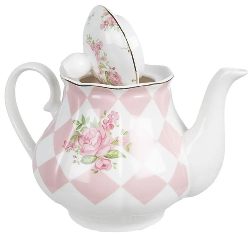 Bielo-ružová kanvička na čaj s ružičkami Sweet Roses - 20*14*17 cm / 1000 ml