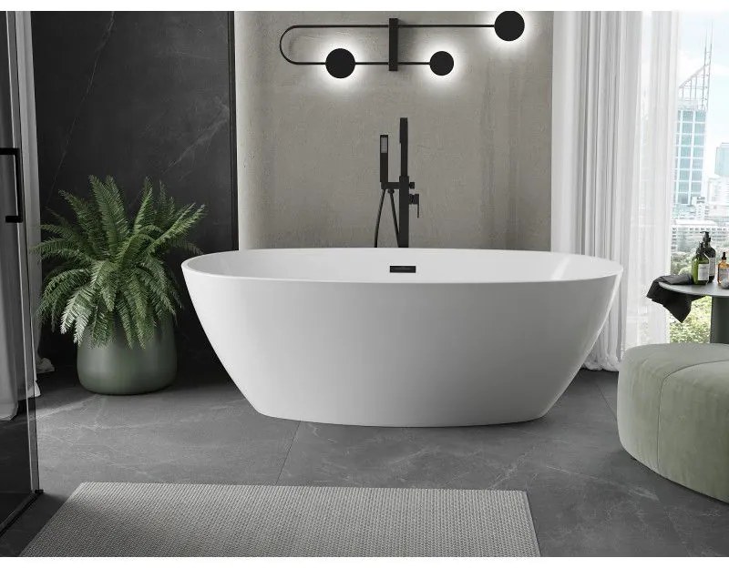 Mexen Eris, voľne stojaca vaňa 155 x 80 cm, biela, čierny matný prepad, 53441558000-70