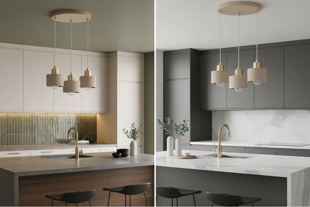 Závesné svietidlo Panta, 3x béžové kovové tienidlo, g, o