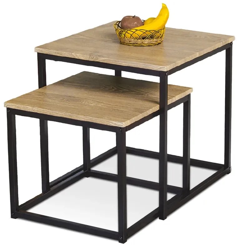 Set 2 ks odkládacích stolků, MDF, dekor divoký dub, kov, černý lak