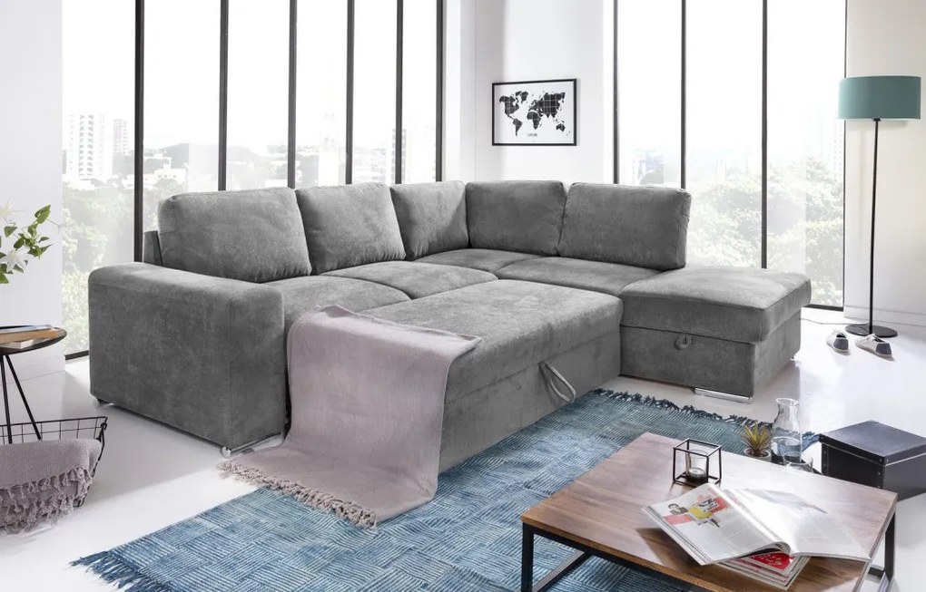Rohová sedacia súprava Eddi, stredne šedá látka, pravý roh