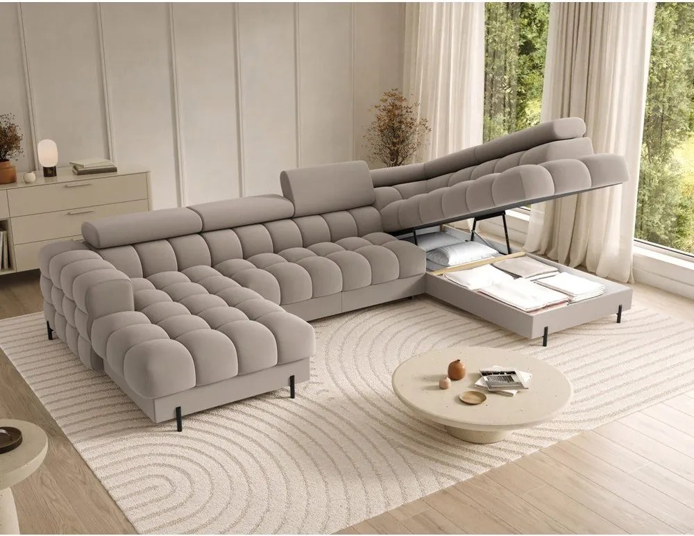 Svetlohnedá zamatová rozkladacia rohová pohovka (pravý roh/do tvaru "U") Feraria – ELTAP