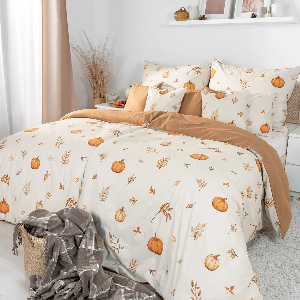 Goldea bavlnené posteľné obliečky duo - jesenné tekvice a lístky s hnedou 220 x 200 a 2ks 70 x 90 cm