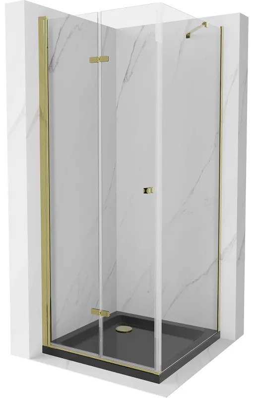 Mexen Lima, sprchový kút so skladacími dverami 80 (dvere) x 80 (stena) cm, 6mm číre sklo, chrómový profil + slim sprchová vanička čierna + zlatý sifón, 856-080-080-50-00-4070G