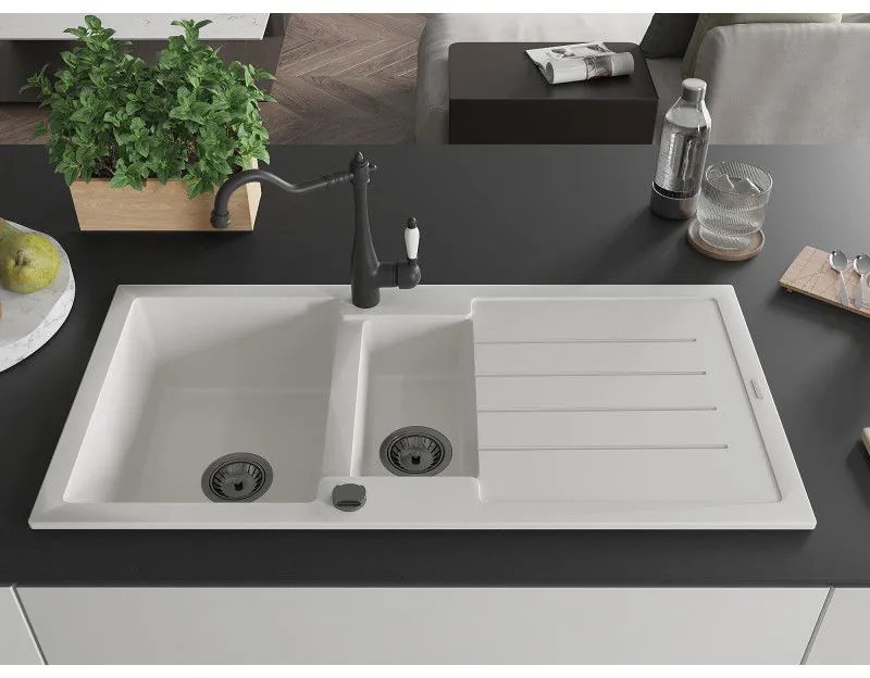 Mexen Andres, granitový drez 1000x500x200 mm, 1,5-komorový a drezová batéria Carla, biela, 6515-20-670700-70