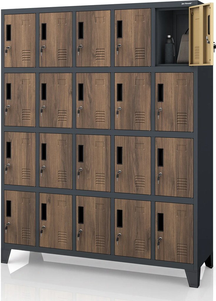 Šatňová skrinka s 20 priehradkami na nožičkách, antracitová/orechová, 1360x1720x450 mm: ROBERT Eco Design