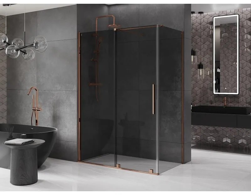 Mexen Velar, sprchový kút s posuvnými dverami 130 x 75 cm, 8mm šedé sklo, ružové zlato, 871-130-075-41-60