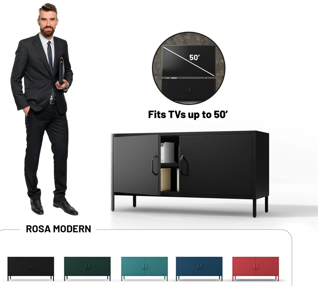 TV skrinka kovová na nožičkách čierna, 1150x595x400 mm: ROSA Modern