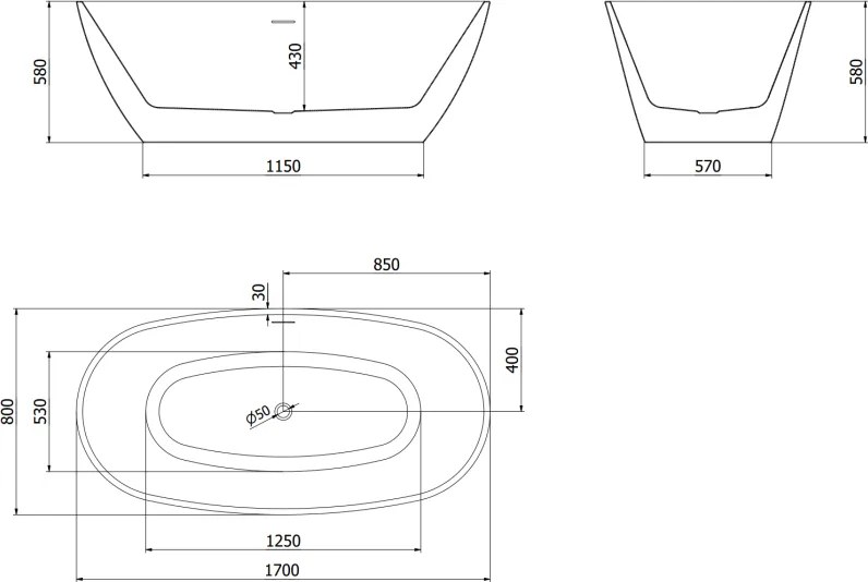 Mexen Eris, voľne stojaca vaňa 170 x 80 cm, biela-čierna, ružové zlato prepad, 53441708075-60