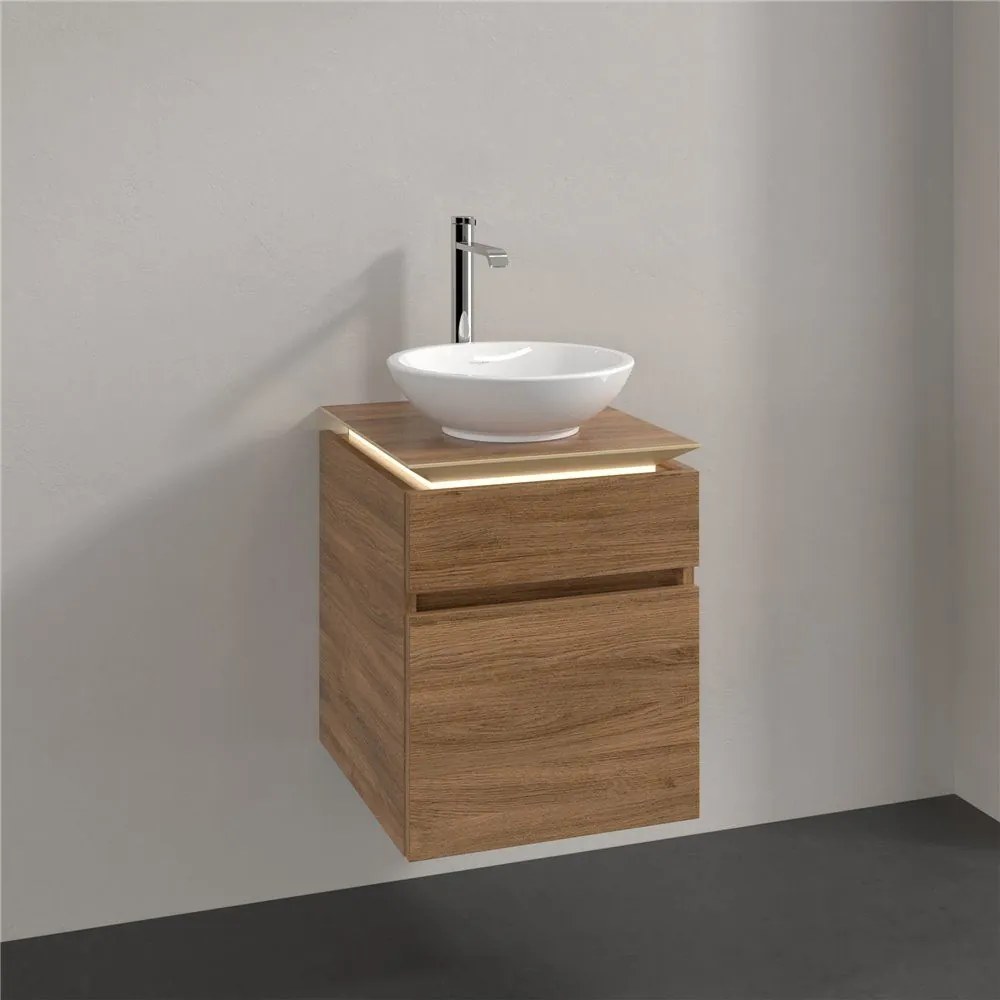 VILLEROY &amp; BOCH Legato závesná skrinka pod umývadlo na dosku (umývadlo v strede), 2 zásuvky, s LED osvetlením, 450 x 500 x 550 mm, Oak Kansas, B566L0RH