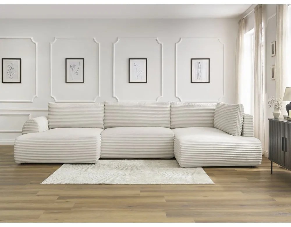 Krémovobiela menčestrová rozkladacia/s úložným priestorom rohová pohovka (pravý roh/do tvaru "U") Lucien – Bobochic Paris