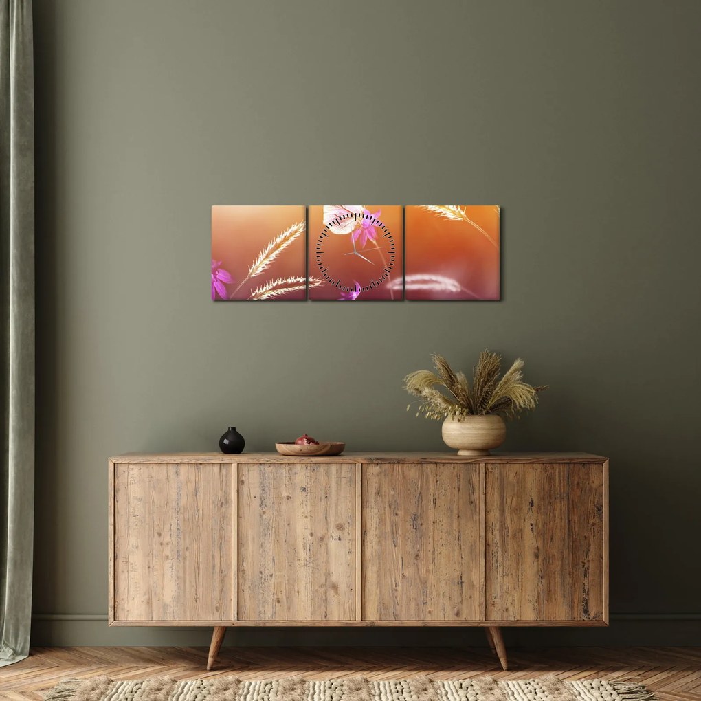 Obraz - Ružový motýľ (s hodinami) (90x30 cm)