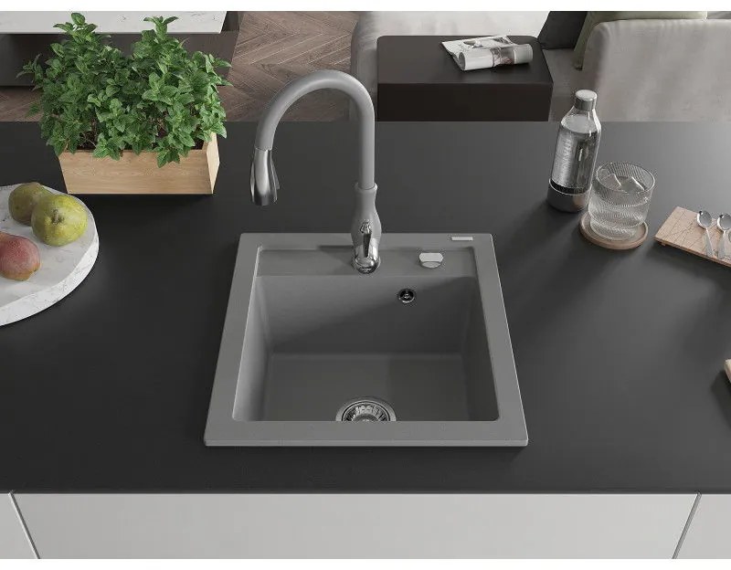 Mexen Vito, 1-komorový granitový drez 520x490x210 mm a drezová batéria Savita, šedá, 6503-71-672601-71