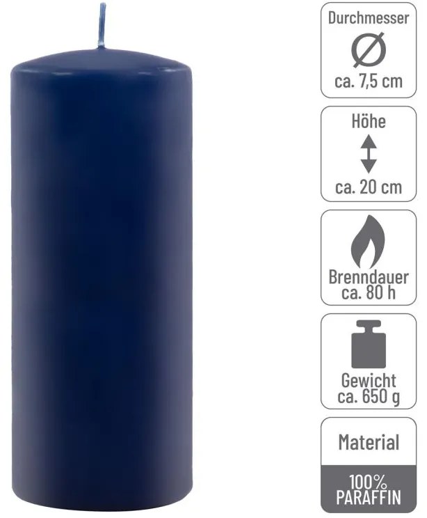 Sada stĺpových sviečok, 20 cm, Ø 7,5 cm, modrá, 4 ks