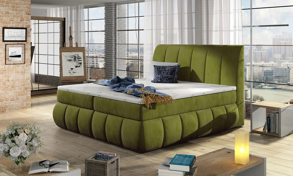 Čalúnená manželská posteľ s úložným priestorom Vareso 160 - zelená