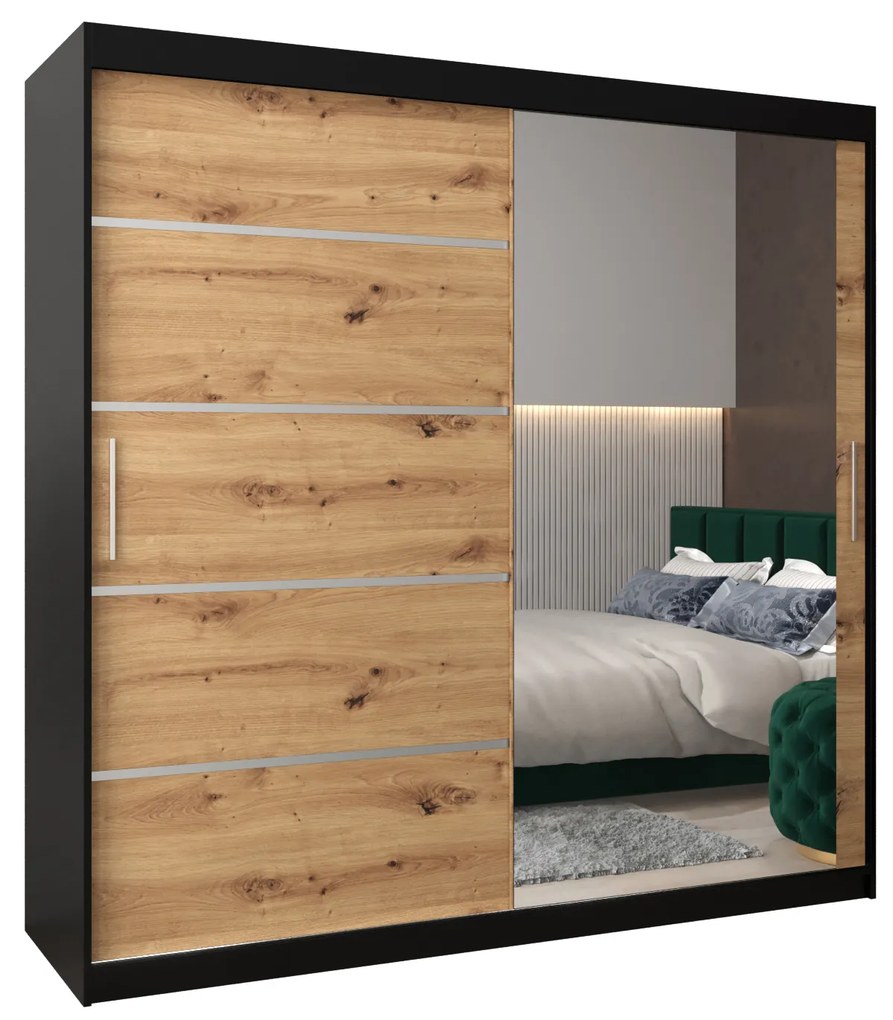 Šatníková skriňa 200 cm so zrkadlom Verika 2 200 (čierna + dub artisan). Akcia -25%. Vlastná spoľahlivá doprava až k Vám domov. 1064227