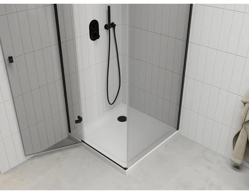 Mexen Roma, sprchovací kút s 1-krídlovými dverami 70 (dvere) x 80 (stena) cm, 6mm číre sklo, čierny profil, slim sprchová vanička 5cm biela s čiernym sifónom, 854-070-080-70-00-4010B