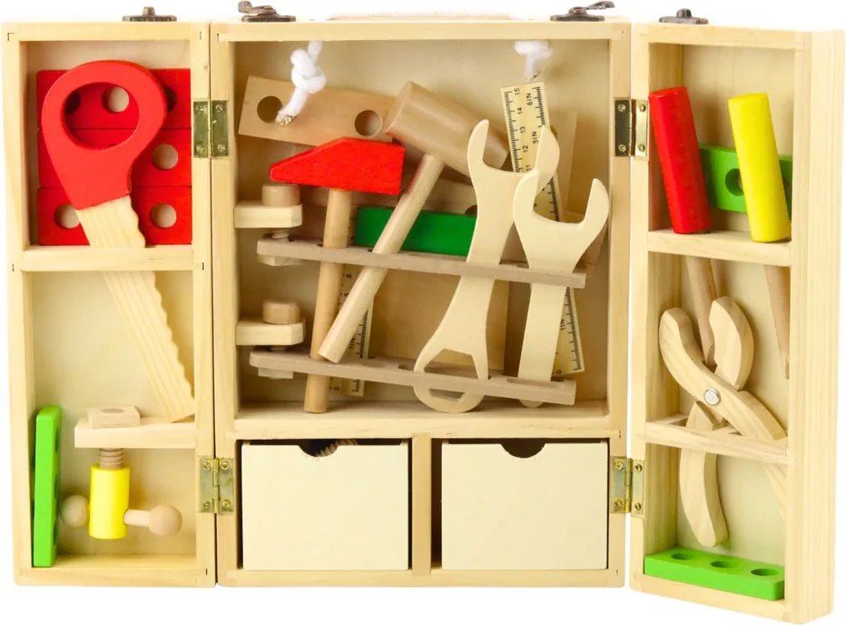 LEAN Toys Sada malého majstra – drevený box s náradím, 35 ks