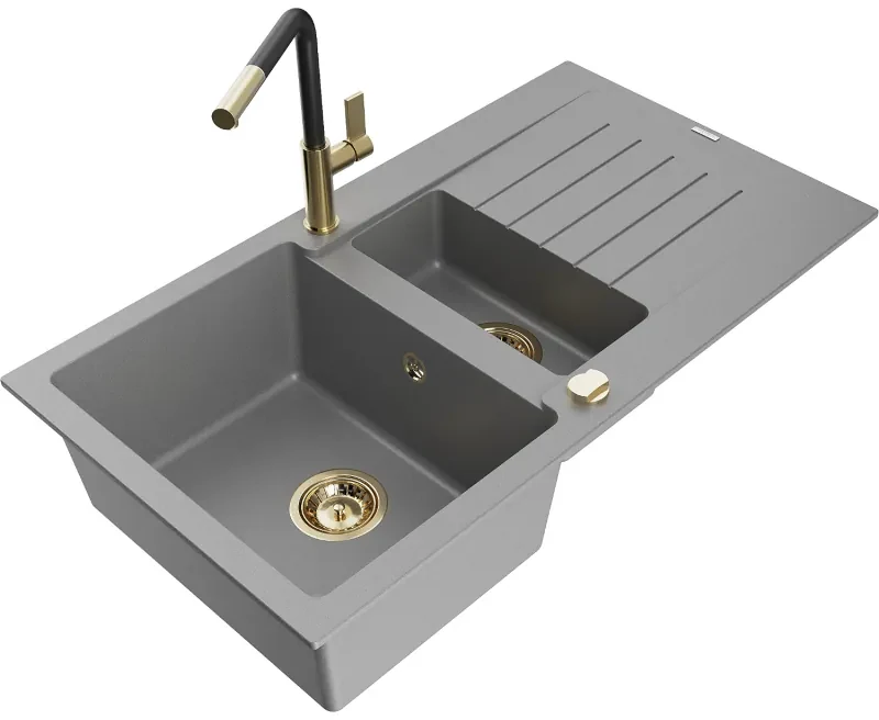 Mexen Matias, 1,5-komorový granitový drez 900x505x200 mm a drezová batéria Flora, šedá, 6502-71-670401-57-G