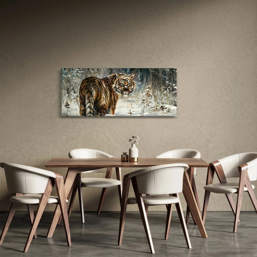 Obraz - Tiger v zasneženom lese, olejomaľba (120x50 cm)