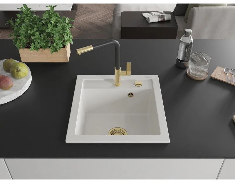 Mexen Vito, 1-komorový granitový drez 490x520x210 mm a drezová batéria Flora, biela, 6503-20-670401-57-G