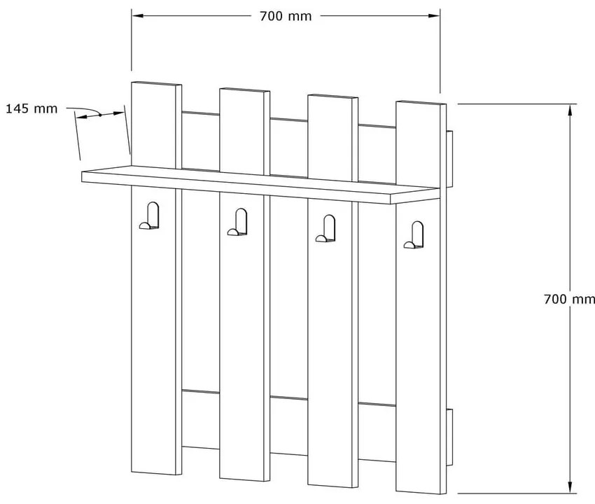 Tmavohnedá nástenná polica so 4 vešiakmi Carina