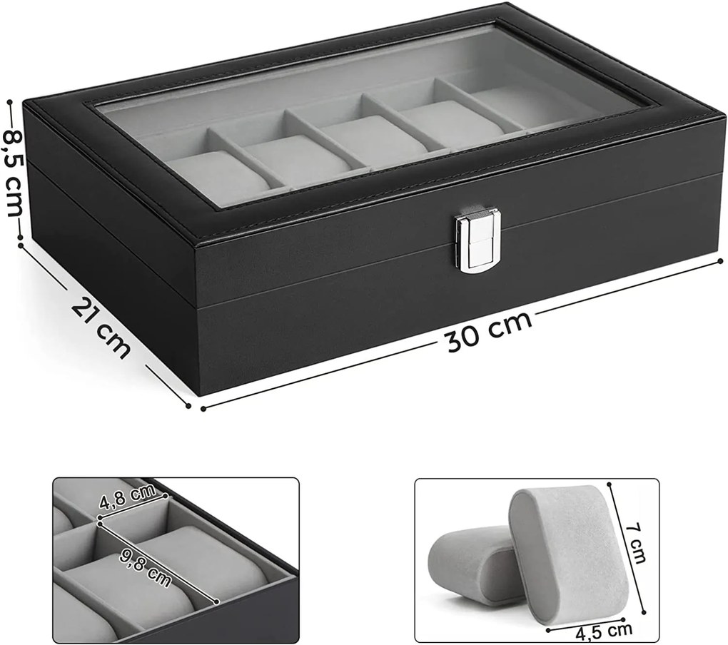 Box na hodinky Watch, 30x8,5x21 cm, čierna/sivá