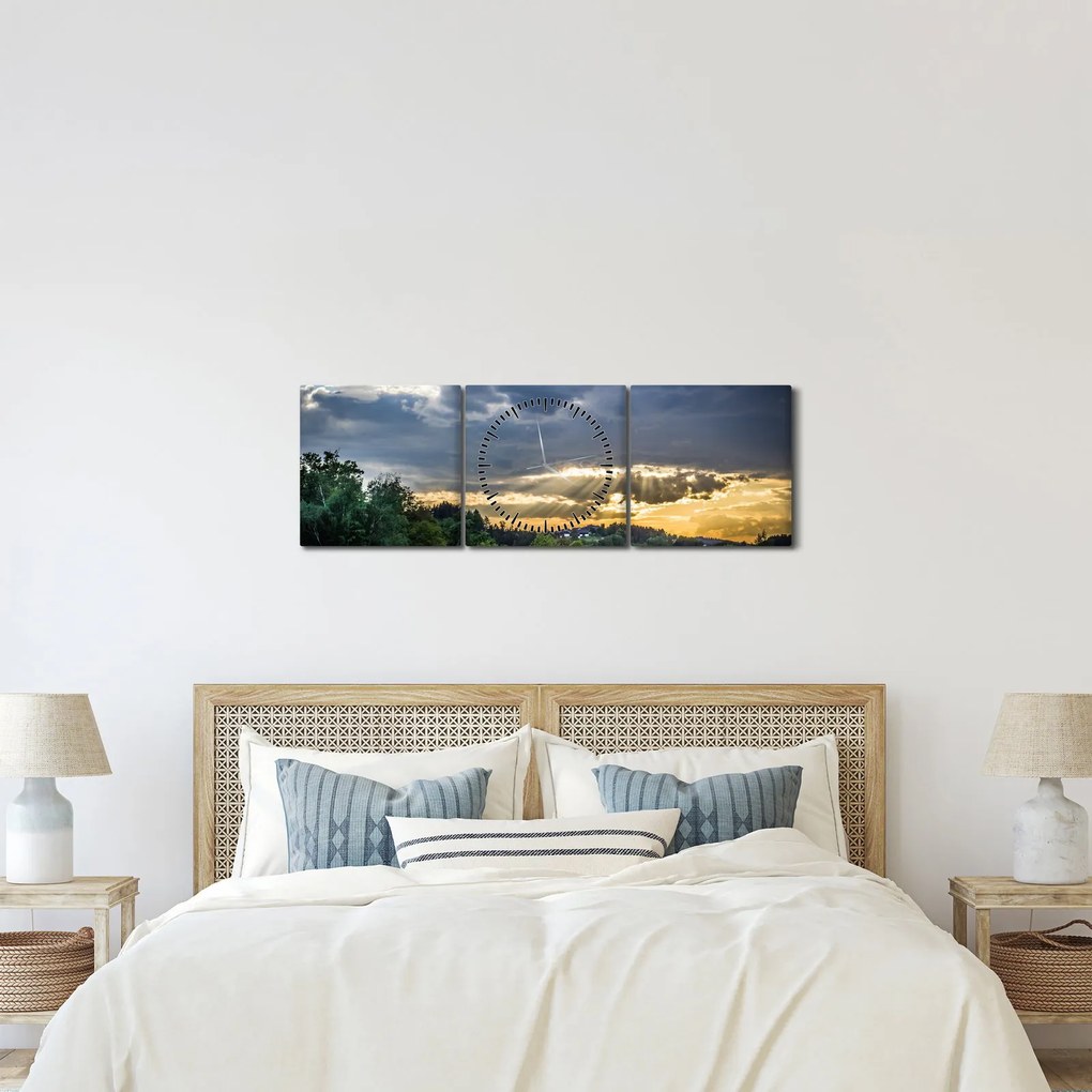 Obraz krajiny s lúčmi (s hodinami) (90x30 cm)