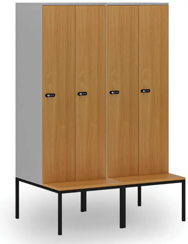 Drevená šatníková skrinka S4 s lavičkou, 2 oddiely, 1871 x 600 x 500/800 mm, demont, mechanický kódový zámok, sivá/breza
