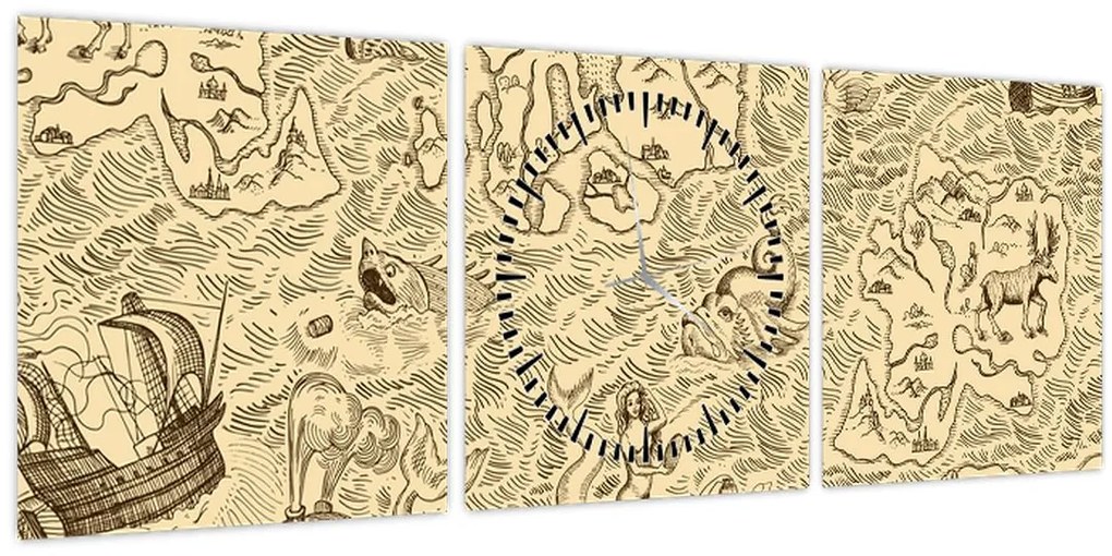 Obraz - Vintage mapa, ilustrácie (s hodinami) (90x30 cm)