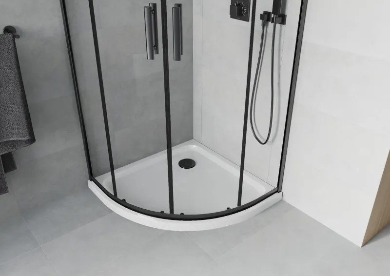 Mexen Rio, štvrťkruhový sprchový kút 90 x 90 cm, 6mm číre sklo, čierny profil + biela sprchová vanička, 863-090-090-70-00-4110B