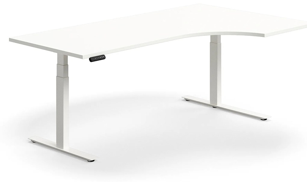 Výškovo nastaviteľný stôl QBUS, rohový, 2000x1200 mm, biely rám, biela