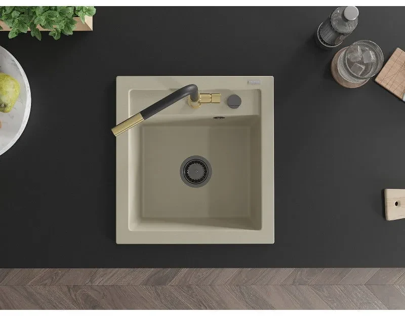 Mexen Vito, 1-komorový granitový drez 490x520x210 mm a drezová batéria Flora, béžová, 6503-69-670401-57-B
